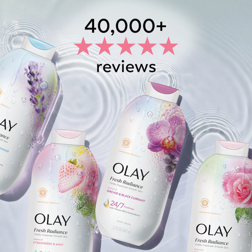 Fresh Radiance Body Wash 4 bottle lineup laying in water. 40,000 5 star reviews