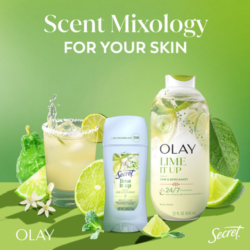 Olay Lime It Up Body Wash, a lime drink splashing and Secret Lime it up deodorant. Scent mixology for your skin.