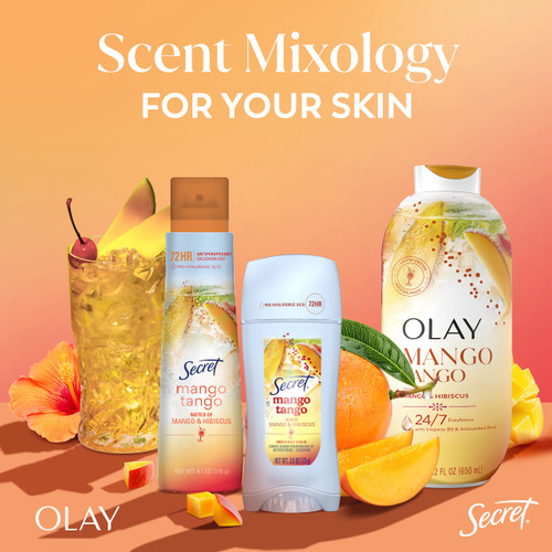 Mango Tango 3 bottle lineup. Orange drink with cheey and mango slices on top. Scent mixology for your skin.