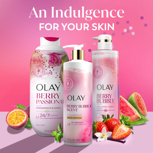 Berry Bubbly scent lineup. Body wash, body lotion, serum complex. An indulgence for your skin