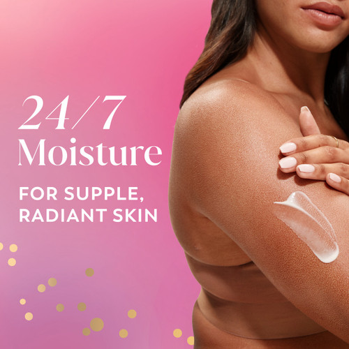 Model posing applying body lotion to arm. 24/7 moisture for supple, radiant skin