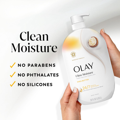 Model holding Olay Ultra Moisture Body Wash with Shea Butter, Vitamin B3 and Hyaluronic Blend, 35oz. Clean moisture. No prarbens, no phthalates, no silicones