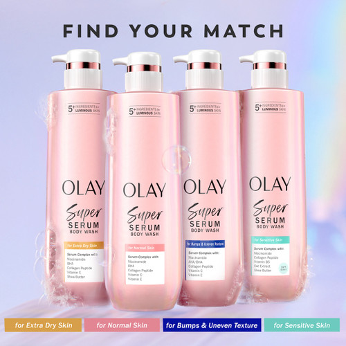 Super body wash bottle lineup. Find your match. For extra dry skin, for normal skin, for bumps and uneven texture, for sensitive skin