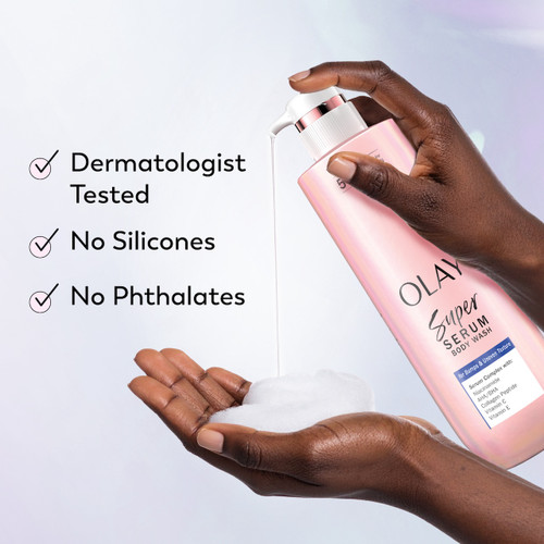 Model pouring Super Serum Body Wash in hand. Designed with dermatologist, no phthalates, no silicones.