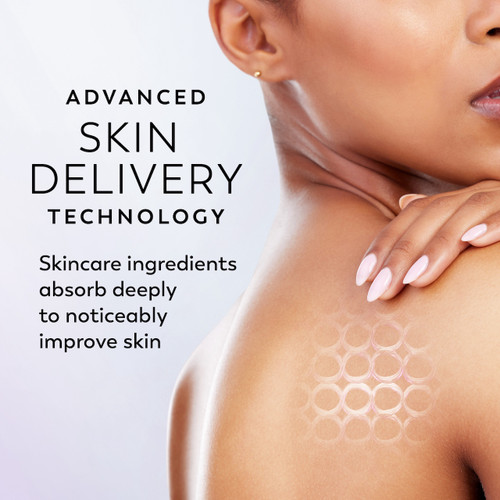 Model posing back facing showing skin. Advanced skin delivery technology. Skincare ingredients absorb deeply to noticeably improve skin