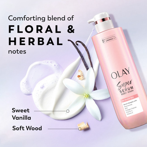 Super Serum Body Wash for Normal Skin bottle. Comforting blend of floral and herbal notes. Sweet vanilla, sandal wood