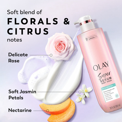 Super Serum Body Wash for Sensitive Skin bottle. Soft blend of florals and citrus notes. Delicate Rose, soft Jasmine petals, Nectarine