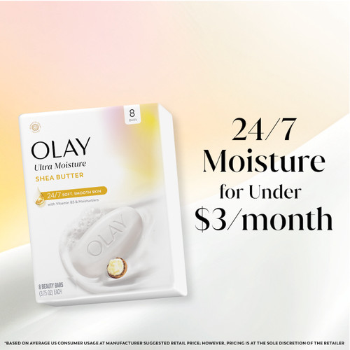 Ultra Moisture Shea Butter Beauty Bar with Vitamin B3 and Moisturizers box. 24/7 moisture for under $3 a month