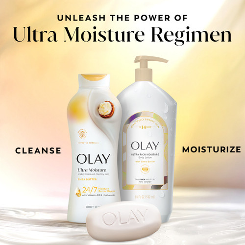 2 Olay moisture product bottles and Ultra Moisture Age Defy  Beauty Bar. Unleash the power of Ultra Moisture Regimen. Cleanse, moisturize.