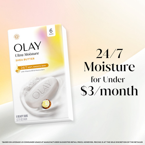 Ultra Moisture Shea Butter Beauty Bar with Vitamin B3 and Moisturizers box. 24/7 moisture for under $3 a month