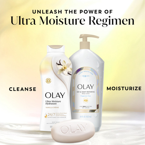 2 Olay moisture product bottles and Beauty Bar. Unleash the power of Ultra Moisture Regimen. Cleanse, moisturize.