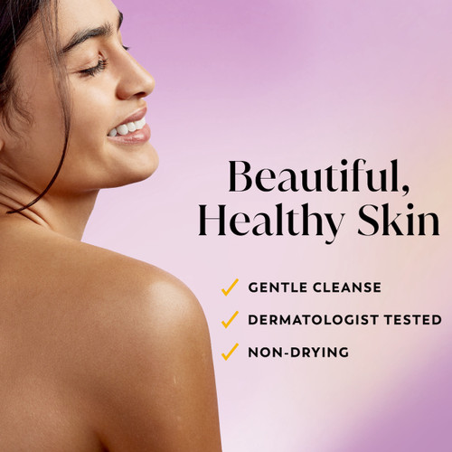 Model posing and smiling showing glowing skin. Beautiful, healthy skin. Gentle cleanse, dermatologist tested, non drying
