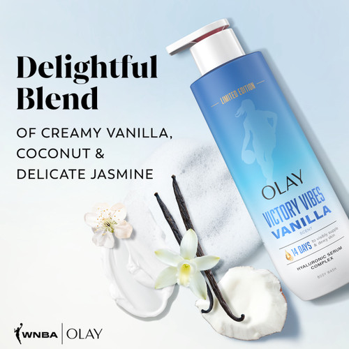 Victory Vibes ntensely Hydrating Body Wash bottle. Delightful blend of creamy vanilla, coconut and delicate jasmine.