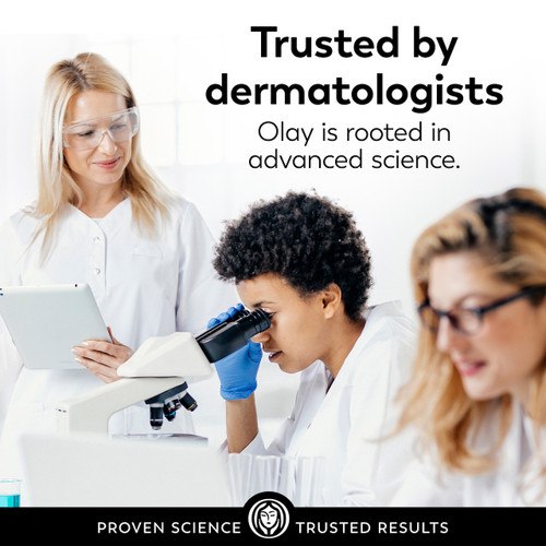 3 scientists observing a microscope. Trusted by dermatologists. Olay is rooted in advanced science.
