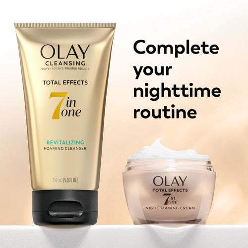 otal Effects revitalizing foaming cleanser bottle and Olay Total Effects Night Firming Cream. Complete your nighttime routine.