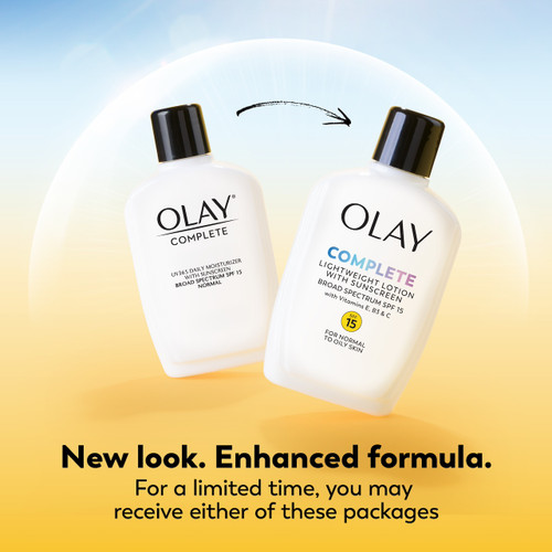 Complete Lotion Moisturizer Normal SPF 15 4oz bottles new design and old. New look enhanced formula. For a limited time, you may receive either of these packages. Complete Lotion Moisturizer Normal SPF 15 4oz bottles new design and old. New look enhanced formula. For a limited time, you may receive either of these packages.