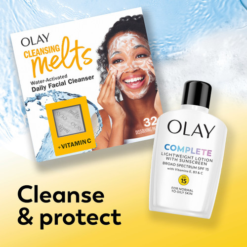 Olay Complete Lotion Moisturizer with SPF 15 Normal bottle and Vitamin C melts box. Cleanse and protect Olay Complete Lotion Moisturizer with SPF 15 Normal bottle and Vitamin C melts box. Cleanse and protect