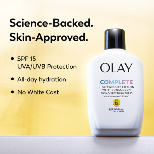 Olay Complete Lotion Moisturizer with SPF 15 Normal bottle. Science backed. Skin approved. SPF15 UVA/UVB protection. All day hydration. No white cast.