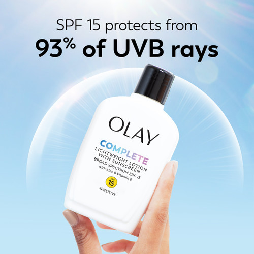 Olay Complete Lotion Moisturizer with SPF 15 Sensitive bottle. SPF 15 protects from 93% of UVB rays.