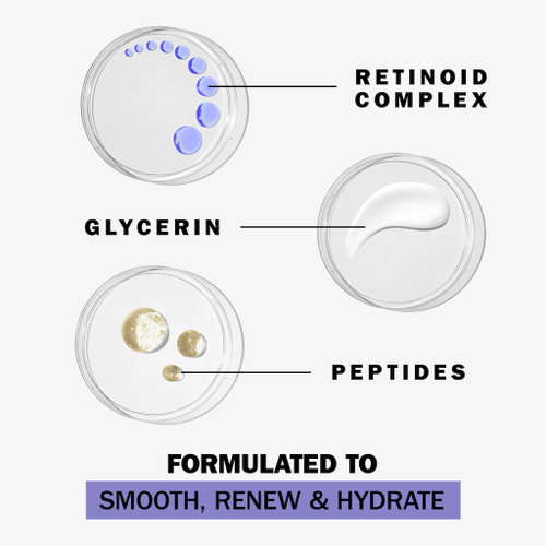 3 ingredients. Retinoid complete, Glycerin, Peptides. Formulated to smooth, renew & hydrate.