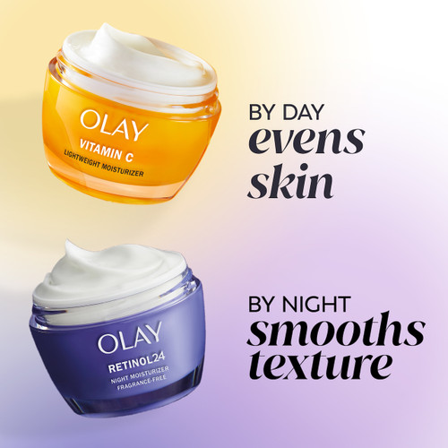 Vitamin C moisturizer jar evens skin by day. Retinol 24 moisturizer jar smooths texture by night.