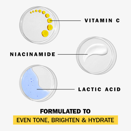 3 ingredients. Vitamin C, Niacinamide, Lactic Acid. Formulated to even tone, brighten and hydrate