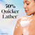 Model posing back facing while lathering Fresh Radiance Body Wash on shoulder. 50% quicker lather.*. *body wash with puff vs bar soap with hands