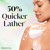Model posing back facing while lathering Fresh Radiance Body Wash on shoulder. 50% quicker lather.*. *body wash with puff vs bar soap with hands
