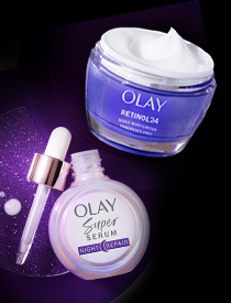 Olay Retinol24 Night Moisturizer with an open lid above Olay Super Serum Night Repair with its dropper to the left of the bottle