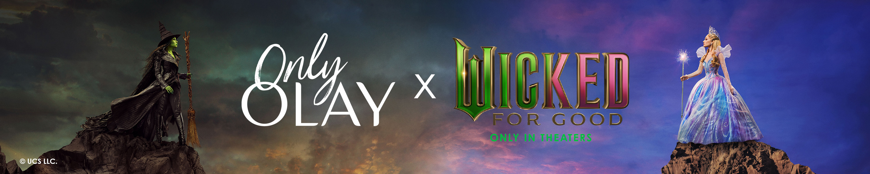Image of Witches from WICKED FOR GOOD on opposing rock pedestals with the Only OLAY x WICKED logo in between them