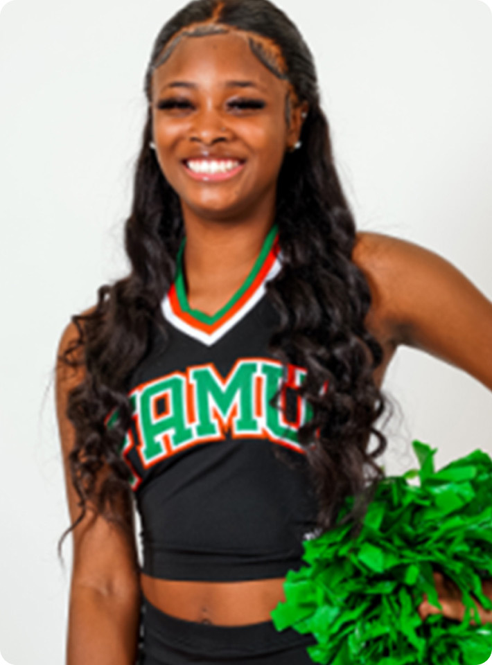 Close up image of Kloe Bohler wearing a FAMU cheerleader uniform