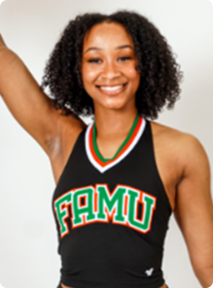 Close up image of Mai Graces wearing a FAMU cheerleader uniform