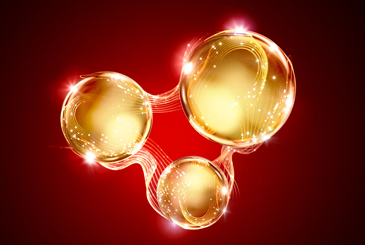Three golden liquid spheres with golden threads wrapped around each sphere on a velvet red background to evoke the feeling of new molecular technology.