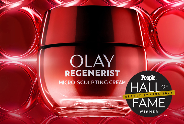 Brilliant red glass jar of Olay Regenerist Micro-Sculpting Cream alongside a People magazine Hall of Fame Winner award badge.