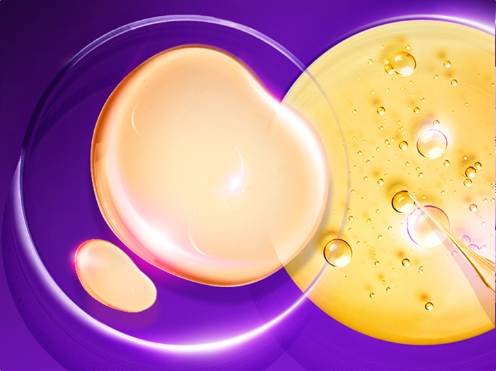 Key ingredients of the Olay Wrinkle Correcting Treatment Serum on a pietree dish on top of a purple gradient background