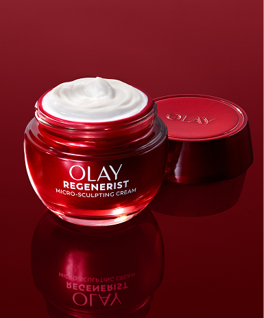 Olay Regenerist Micro-Sculpting Cream in red jar with rich white texture