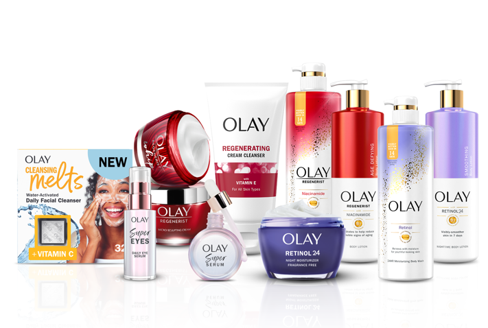 Group of Olay moisturizers, cleansers and body care products