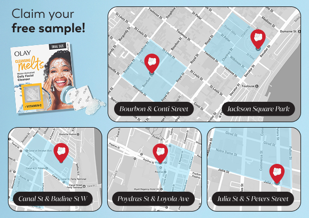 Claim a free sample of Olay Cleansing Melts with Vitamin C at Essence Fest. Find brand ambassadors at five New Orleans locations: Bourbon & Conti Street, Jackson Square Park, Canal St & Badine St W, Poydras St & Loyola Ave, and Julia St & S Peters Street.