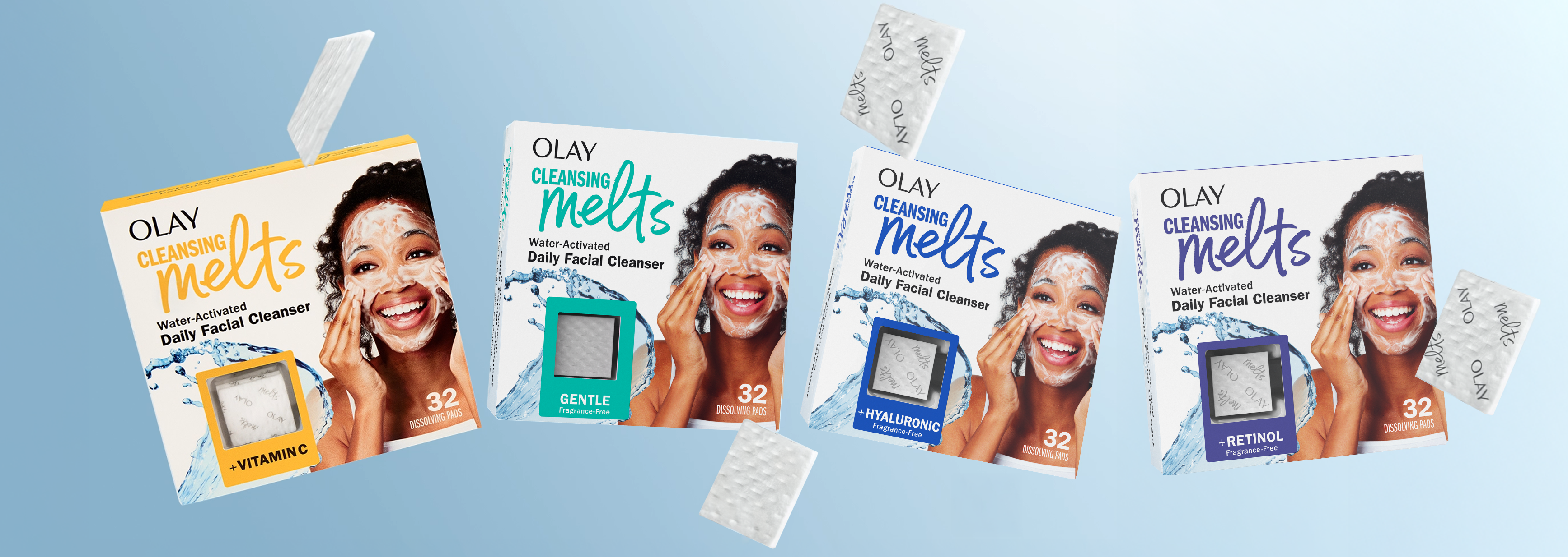 Three Olay Cleansing Melts packages floating with the individual melts square spinning beside them