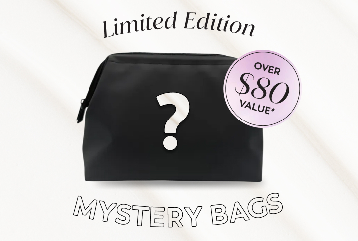 Limited Edition Mystery Bag text around a Black travel bag with a white question mark on it to symbolize that has randomized items in it with a total value over $80