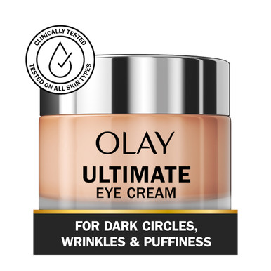 Olay Eyes Ultimate Eye Perfecting Cream  jar. For dark circles, wrinkles and puffiness. Clinically tested on all skin types