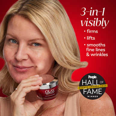 Model posing with Regenerist Micro-Sculpting Cream Moisturizer jar in hand. 3 in 1 visibly firms, lifts, smooths fine lines and wrinkles. PEOPLE magazine hall of fame beauty awards 2024 winner