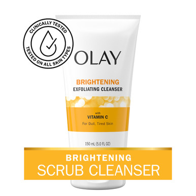 Vitamin C Brightening Cleanser bottle. Brightening scrub cleanser. Clinically tested on all skin types.