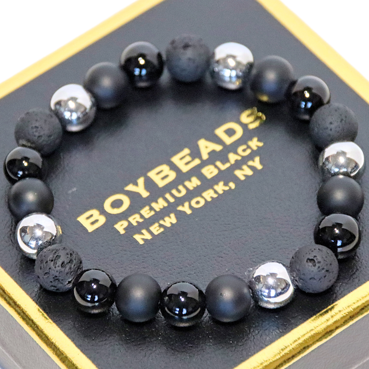 BOYBEADS Cornell Silver 10mm Black Obsidian, Lava, Hematite Mens Bead Bracelet