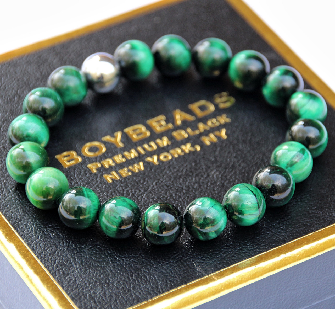 Tony Green Tiger BOYBEADS Green Tiger Eye 10mm Mens Natural Stone Bead Bracelet