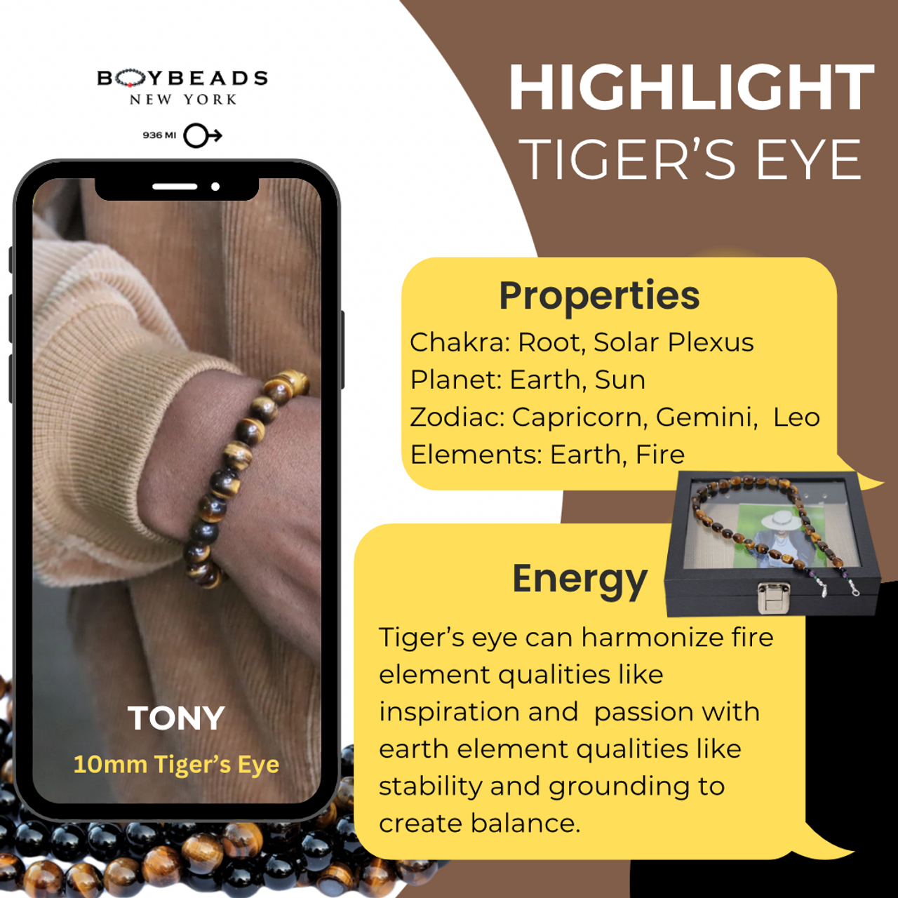 Tony Green Tiger BOYBEADS Green Tiger Eye 10mm Mens Natural Stone Bead Bracelet
