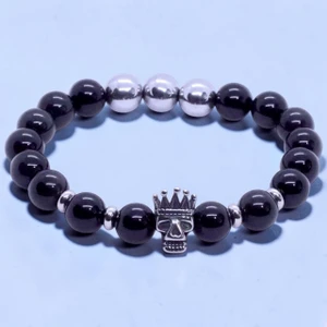 BOYBEADS 'Reflection' Natural 10mm Black Obsidian Stainless Steel Crowned Skull Beaded Bracelet