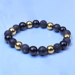 BOYBEADS "Cornell Gold" 10mm Black Obsidian, Lava, Gold Hematite Mens Bead Bracelet