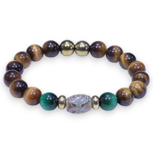 "Bretton Gold" BOYBEADS 3-Eyes 10mm Dzi Agate, Brown Tiger Eye Mens Natural Stone Bead Bracelet