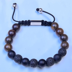 'Drake Adjustable'  BOYBEADS 10mm bronzite, obsidian, lava handmade beaded bracelet for guys